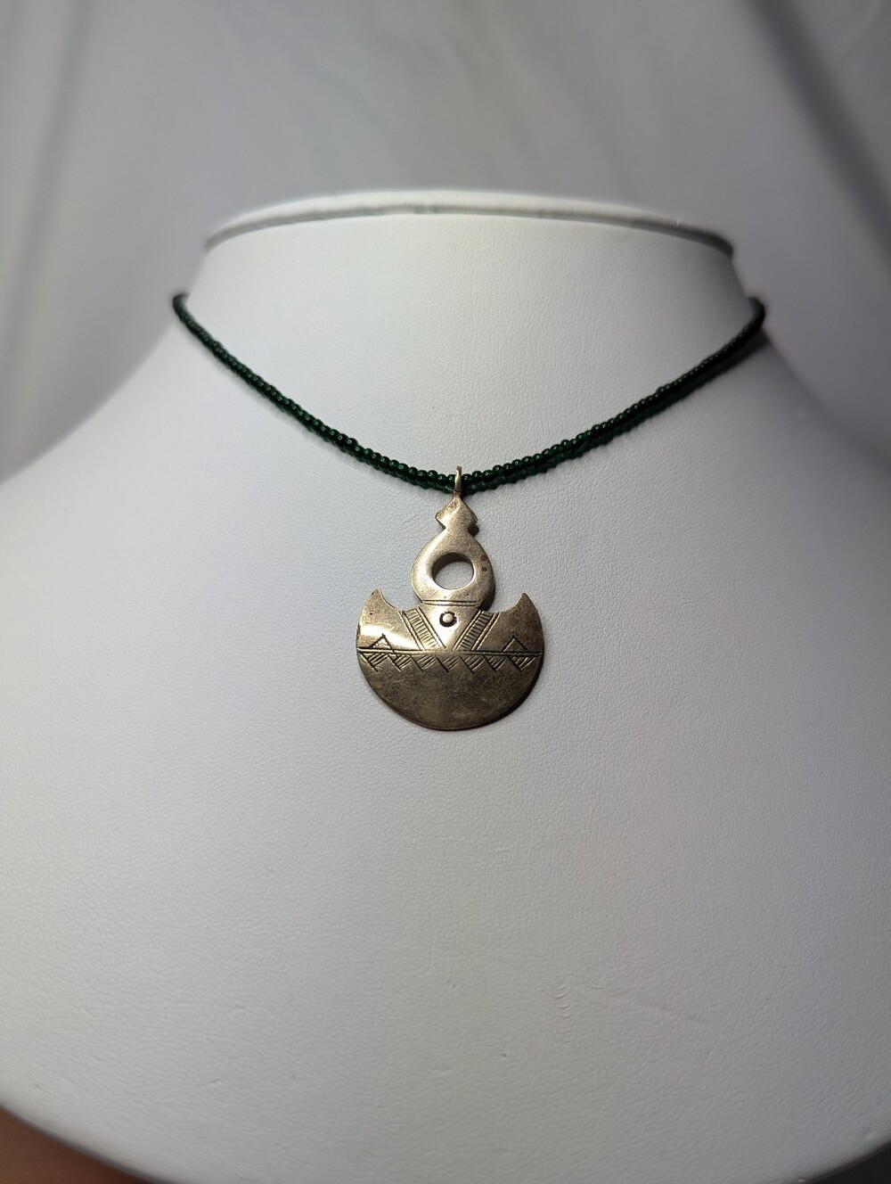Sterling Silver Geometric Pendant Necklace with Dark Green Seed Beads
